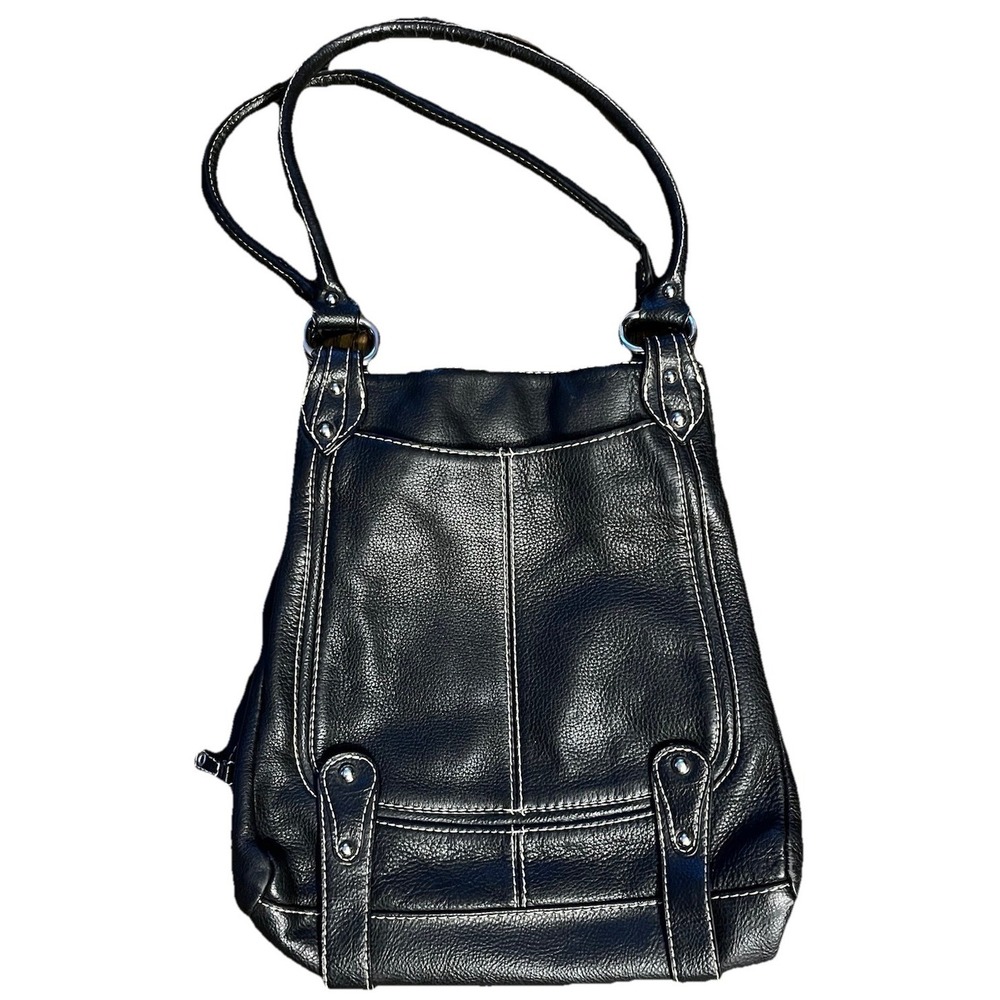SOPHIA CAPERELLI LARGE BLACK LEATHER SHOULDER BAG PURSE W/LEOPARD PRINT LINING‎